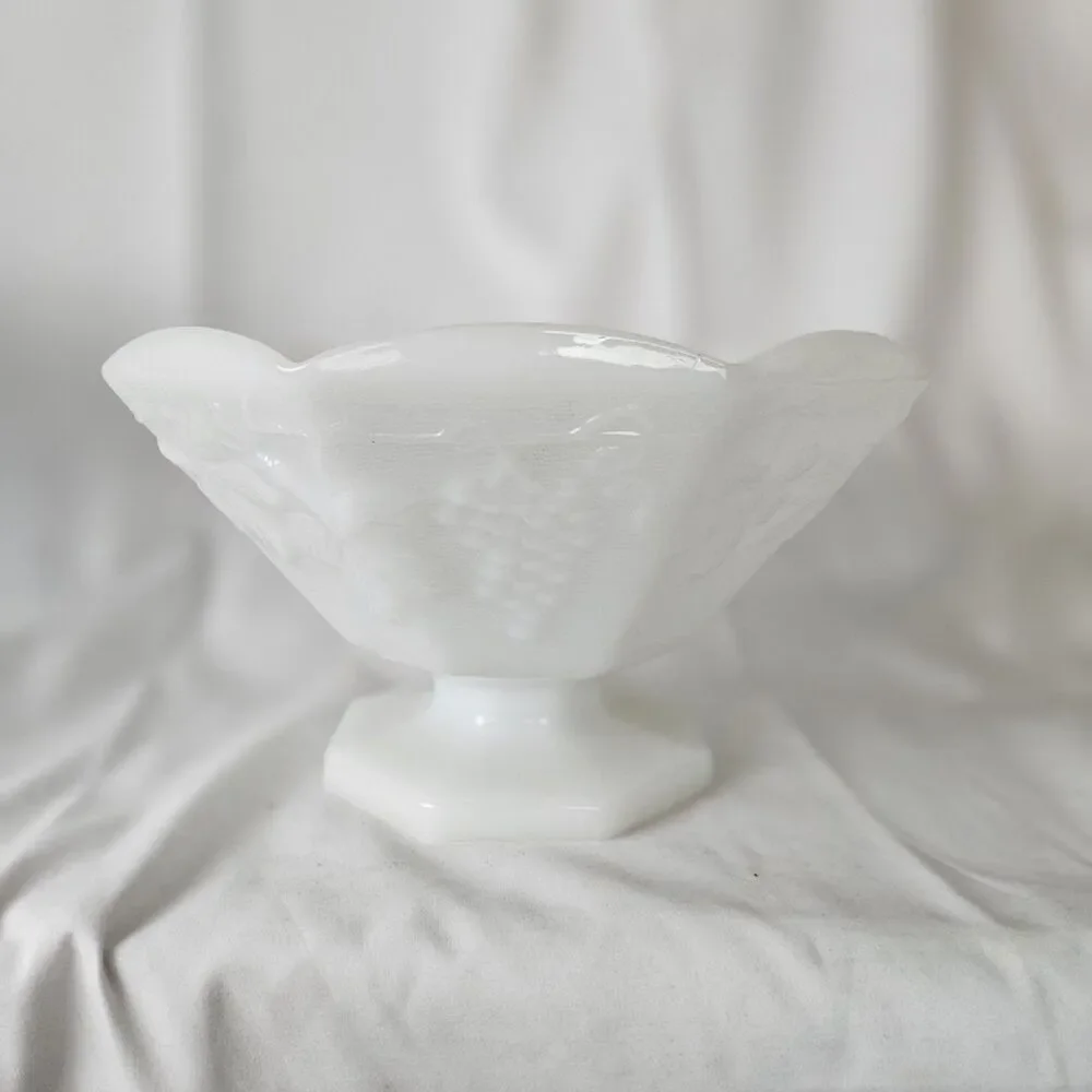 Vintage Anchor Hocking Milk Glass Pedestal Footed Compote Harvest Grapes Design